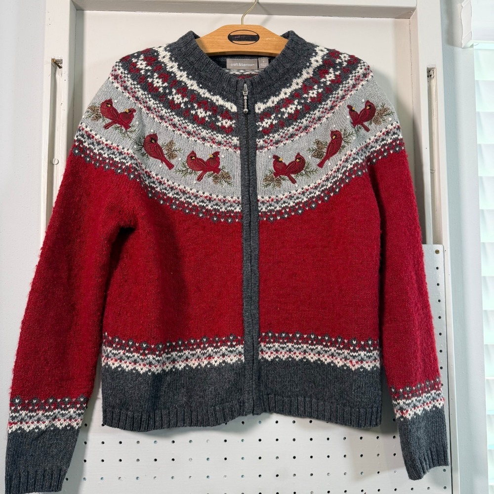 Holiday Winter Cardigan Sweater Womens Red Embroidered Cardinal Full Zip - Small